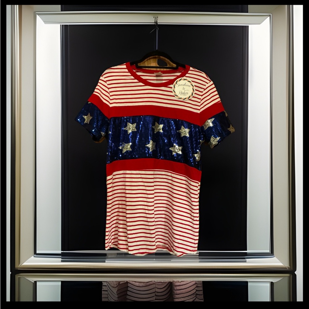 Sunshine & Rodeos Shiny Festive Patriotic July 4th Sequin Star Shirt Sz Sm
